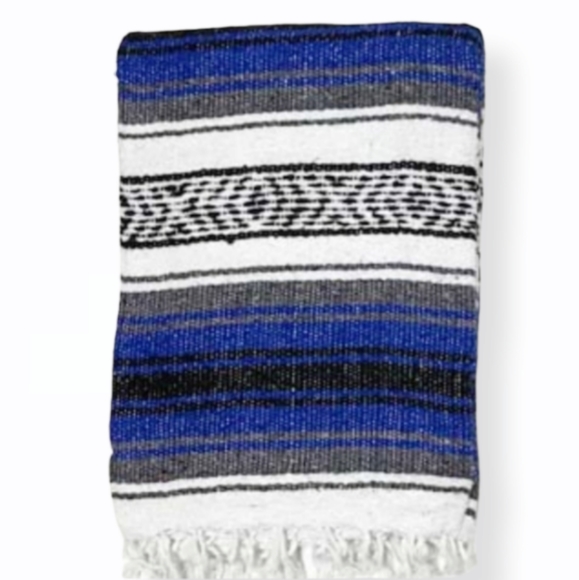 MOLINA Blue Classic Fringed Mexican Falsa Blanket - Picture 3 of 3